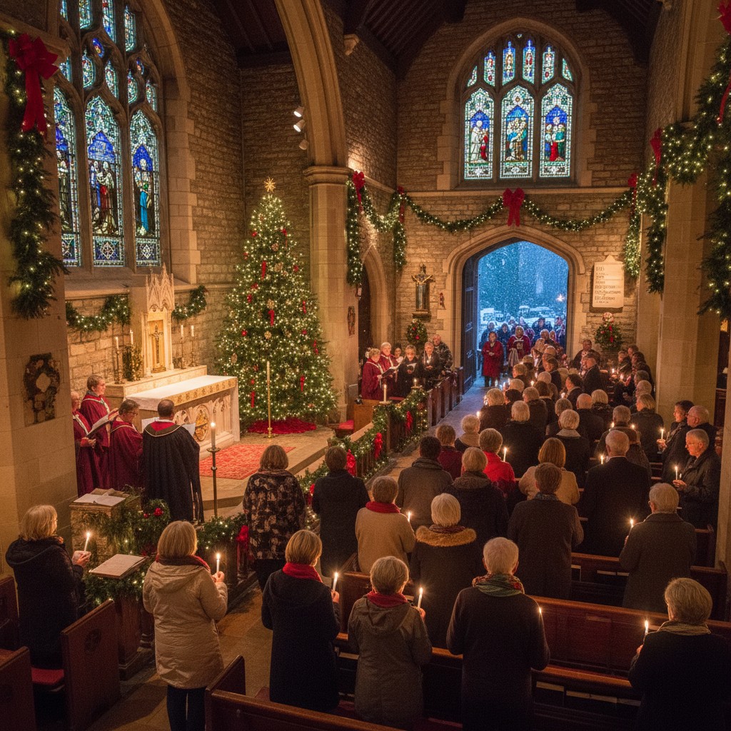 Mass during Christmas at a church with carefully decorated trees in between the church's archways.