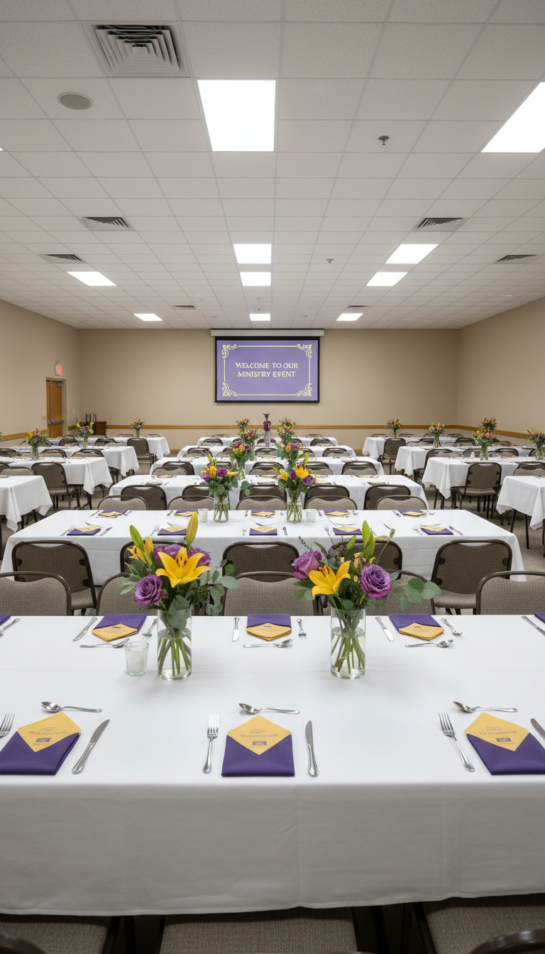 An open, organized fellowship hall with tables set for a church ministry event, each topped with simple, elegant centerpieces using purple and gold flowers in glass vases. Crisp white linens cover the tables, and the room’s neutral wall colors create a clean, inviting environment. Overhead, subtle lighting casts an even, ambient glow, minimizing shadows and rendering every detail clearly. The composition is wide and panoramic, with neatly aligned tables receding into the background, producing a sense of community and order. The mood is welcoming and prepared, reflecting a professional, structured gathering space, in a photographic, modern style.
