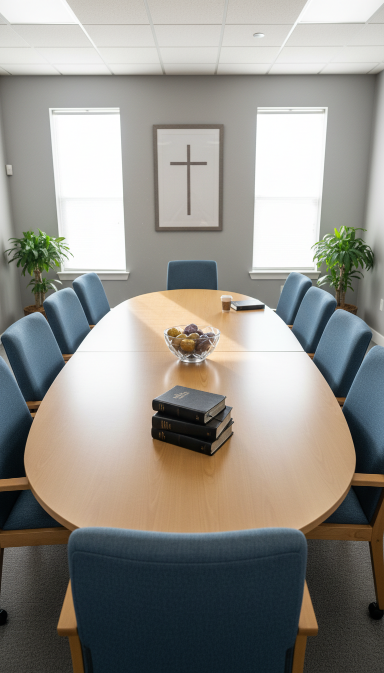 A bright, orderly church meeting room set for a Bible study, with an oval conference table surrounded by neatly arranged high-backed chairs. In the center, a decorative glass bowl filled with gold and purple stones sits atop a stack of clean, hardcover Bibles. The room is painted in soft gray, with sunlight spilling in through wide windows and casting a gentle, diffused light that eliminates harsh shadows. The camera captures the scene from a slight overhead angle, showcasing the clean lines and balanced composition. The overall vibe is focused, collaborative, and structured, using a photographic, corporate style ideal for a professional church website.