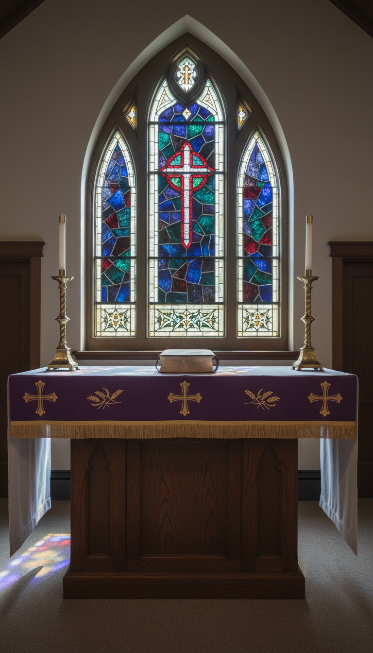A meticulously arranged altar space inside a Methodist church, featuring a polished wood altar draped in a crisp purple and gold linen. Flanking the altar are two ornate brass candlesticks and a neatly stacked Bible with gold-edged pages. Behind, a backdrop of stained glass casts a gentle mosaic of color across the altar. Soft, natural window light bathes the scene, creating a serene and contemplative atmosphere, while subtle shadows emphasize the textures of wood and fabric. Captured from a low, forward-facing angle with a symmetrical, structured composition, the image radiates professional calm and sacred dignity, employing photographic realism and neutral tones.