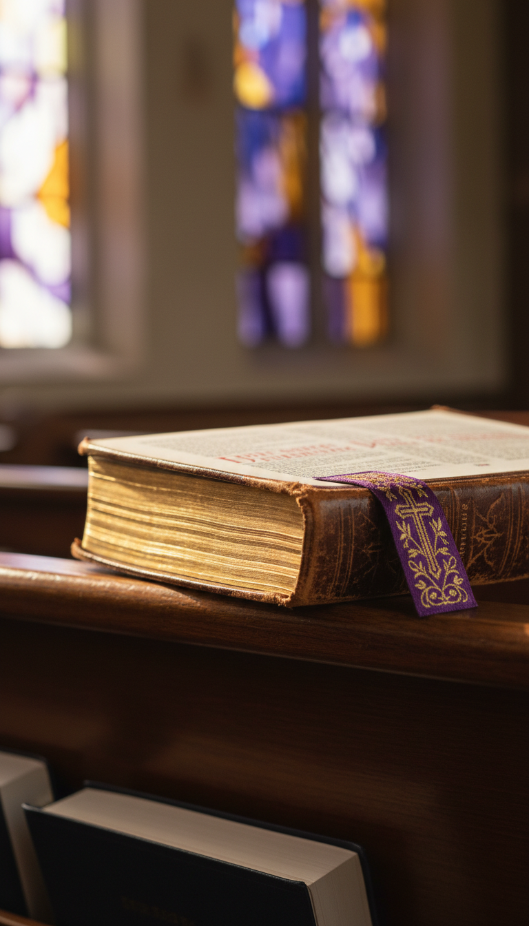 A close-up, detailed photograph of an open leather-bound Bible with gilded page edges resting on a polished wood pew, accented with a small, gold-embroidered purple bookmark. The background features gentle, blurred hints of stained glass windows in deep purples and golds. Soft, late morning light streams from the side, illuminating the text and creating delicate highlights on the gold detailing. The camera uses a shallow depth of field and a slightly oblique angle to emphasize the Bible’s craftsmanship. The atmosphere is contemplative and refined, with a professional, minimalist aesthetic attuned to the site’s tone.