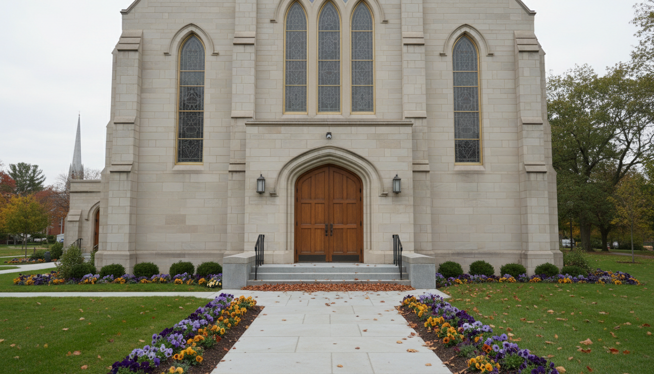 A classic, well-preserved Methodist church exterior crafted from light-colored stone with elegant arched windows trimmed in subtle gold. The church sits on impeccably kept grounds edged with fresh green grass, with delicate flowers in shades of purple and gold framing the walkway. Autumn leaves gently scatter across the entrance, echoing the seasonal theme. The scene is illuminated by clear, diffused daylight, casting soft, inviting shadows and gentle highlights on the stonework. The photograph uses a centered, eye-level composition with balanced lines and a slightly blurred background for a professional, reverent mood suited to a reputable nonprofit site. The style is photographic realism with clean, structured aesthetics.